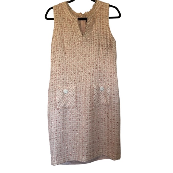 Karl Lagerfeld Paris Tweed Sheath Dress Pink and White Flower Detail Women’s 8 - Picture 1 of 9